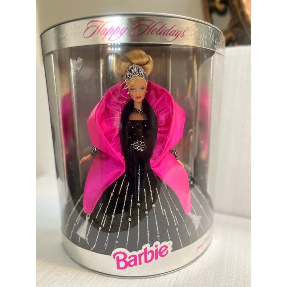 Happy Holidays Barbie Doll 1996 Black Sparkle‎ Gown Pink Cape Tiara Collector